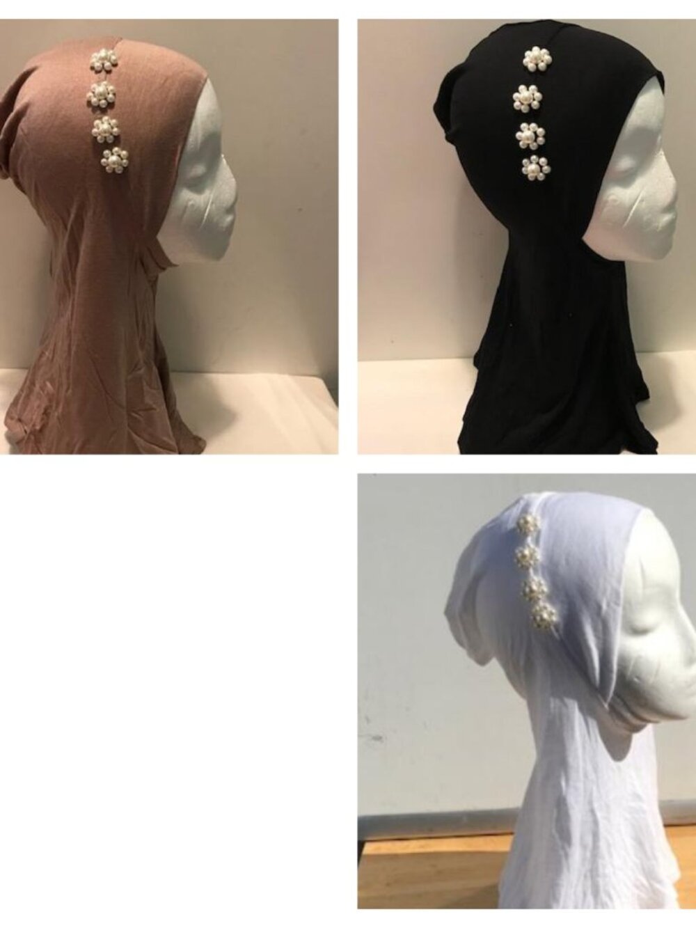 Set of 3 Fancy Pearl Decoration Ninja Hijab White Black Tan